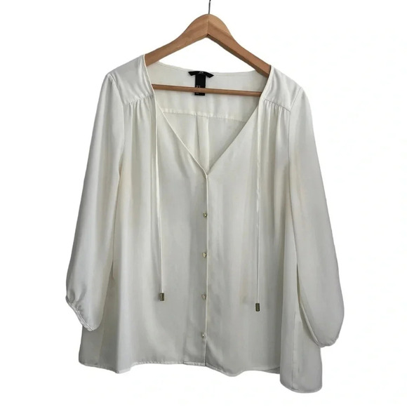 H&M White Cream Chiffon Like V Neck Button Down Tassles Gold Blouse Size 14 - Picture 1 of 5
